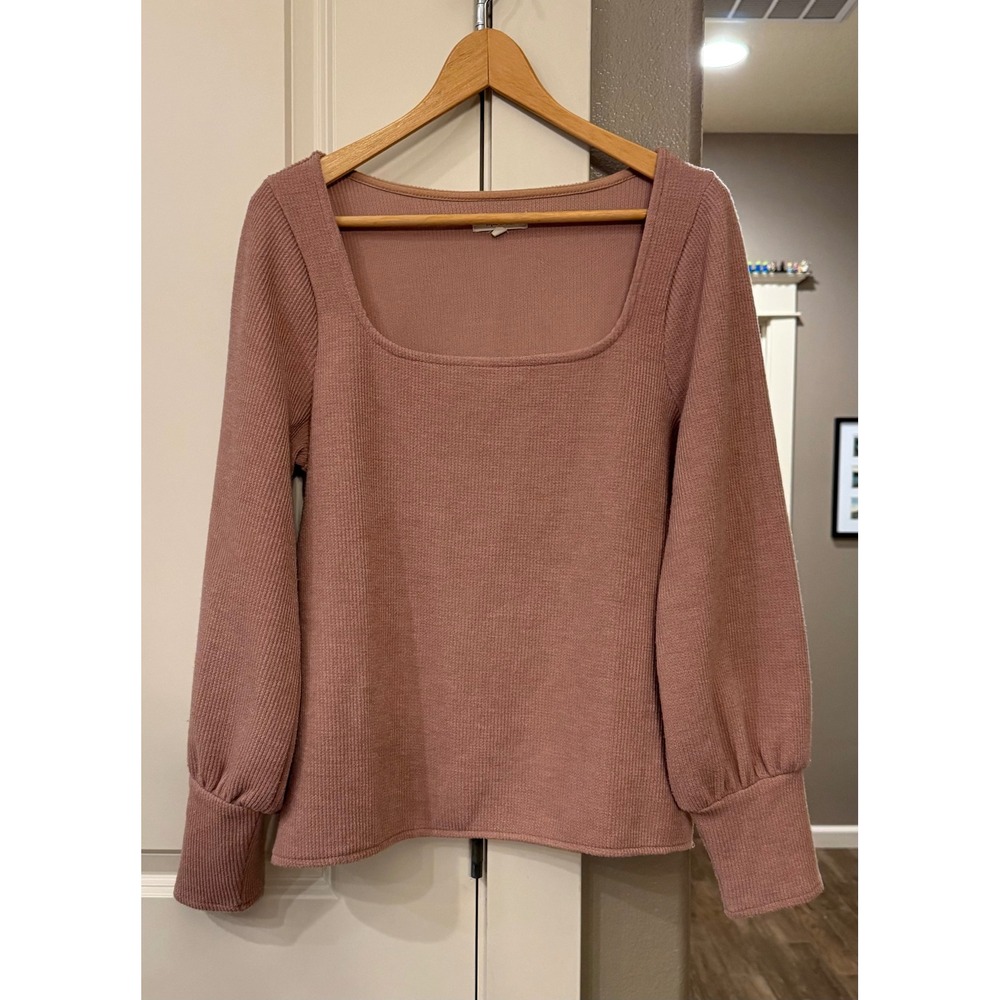 Madewell Women's Dusty Pink/Rose Ottoman Rib Square Neck Puffed Cuff Knit Top L - Picture 7 of 7